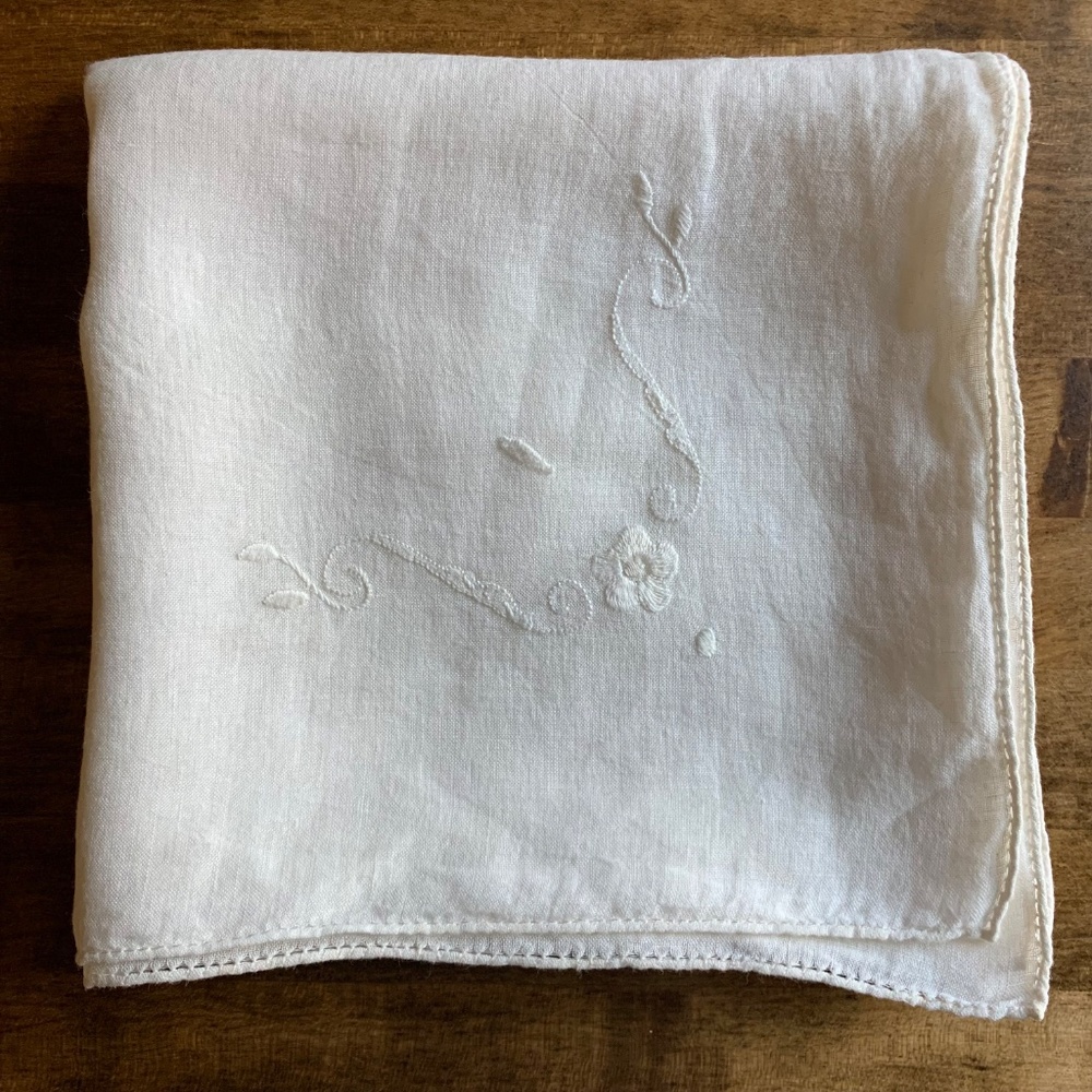 Hand Embroidered White Linen Tablecloth 40” Square European Openwork Hem Vintage